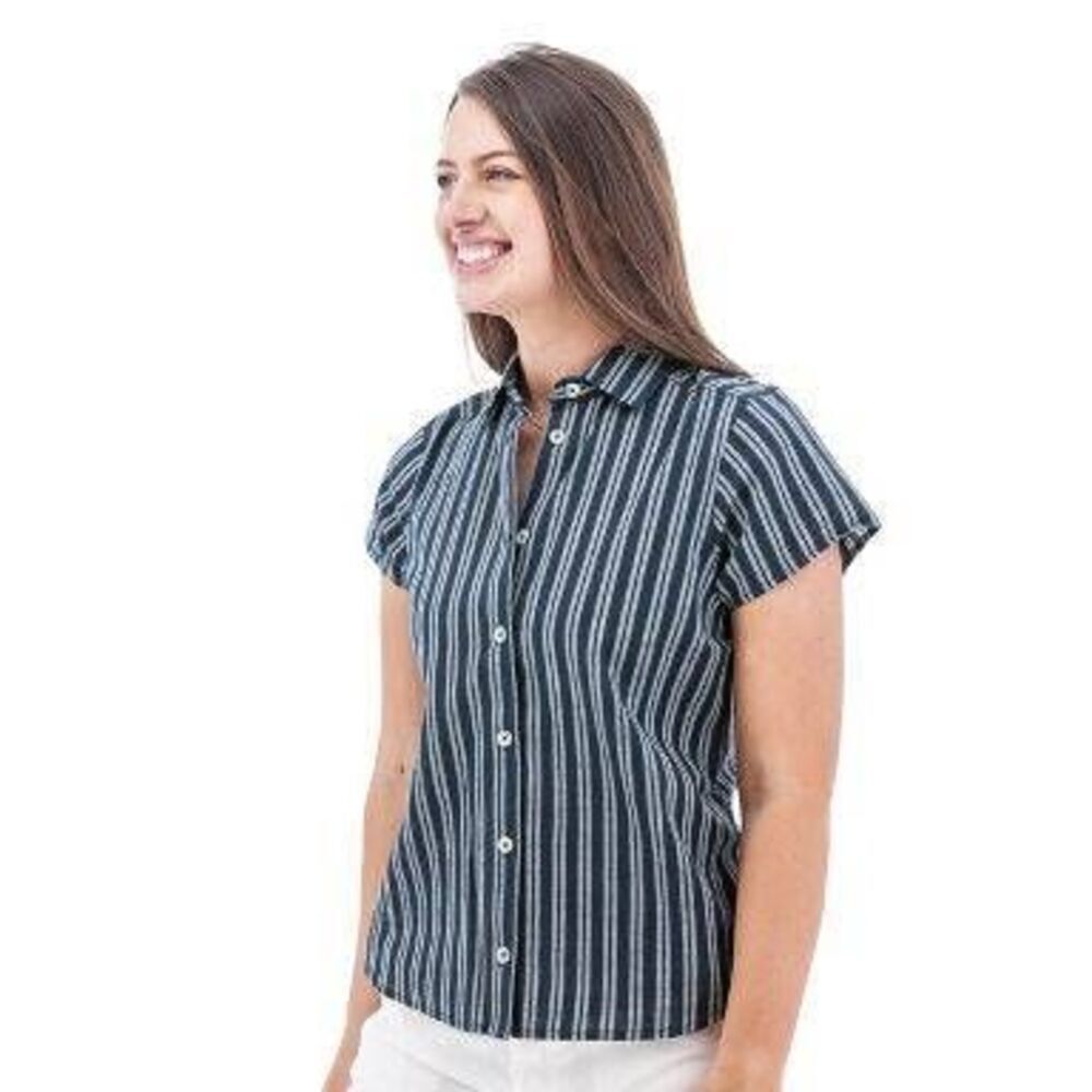 Old Ranch Aubrey Navy Grey Stripe Organic Cotton Button Up Blouse Small Basic